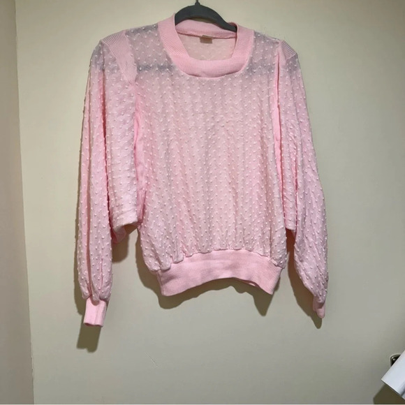 Women’s Vintage Retro Coquette  Singe Stitch Pink Eyelet Long Sleeve Sheer Top - Picture 3 of 14